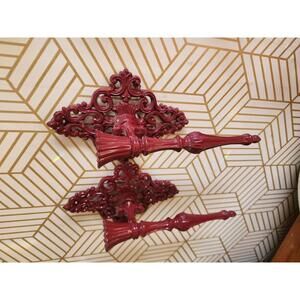 Vintage Maroon Enameled Pair Metal Candlestick Wall Sconces Hollywood Regency